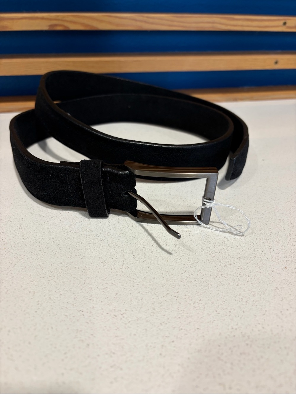The Tie Bar Black Suede Belt with Gunmetal Buckle
